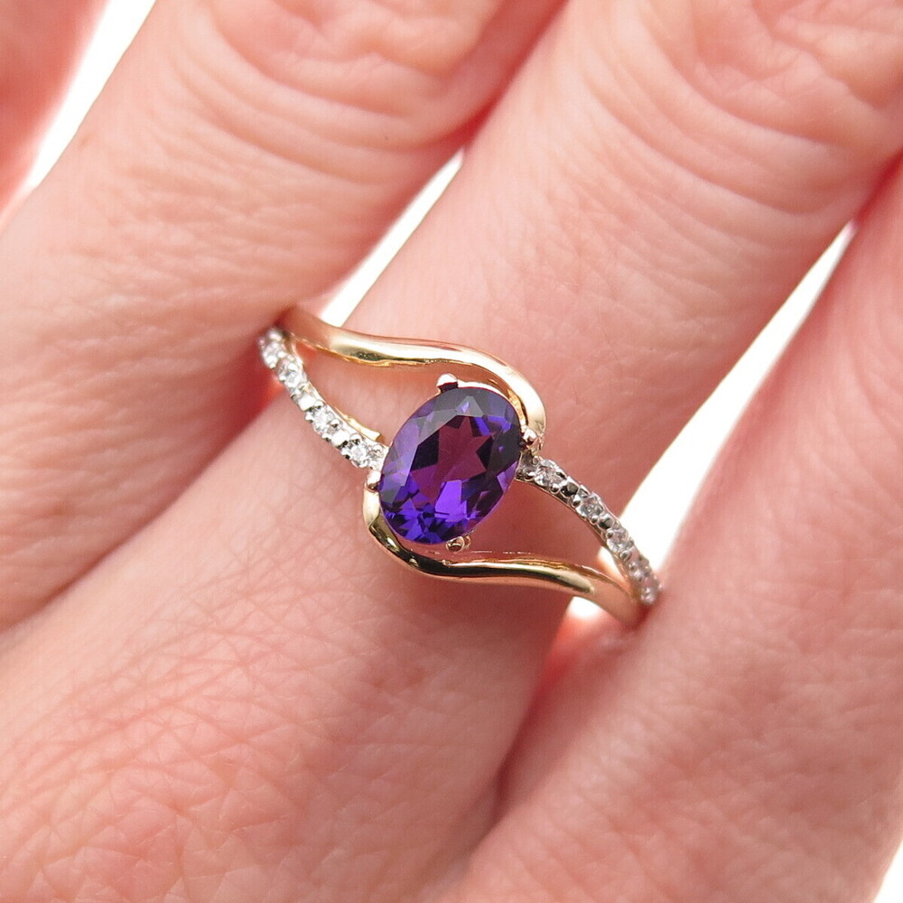 JH Young 925 Sterling Silver Gold Plated Real Amethyst & C Z Ring Size 8.75